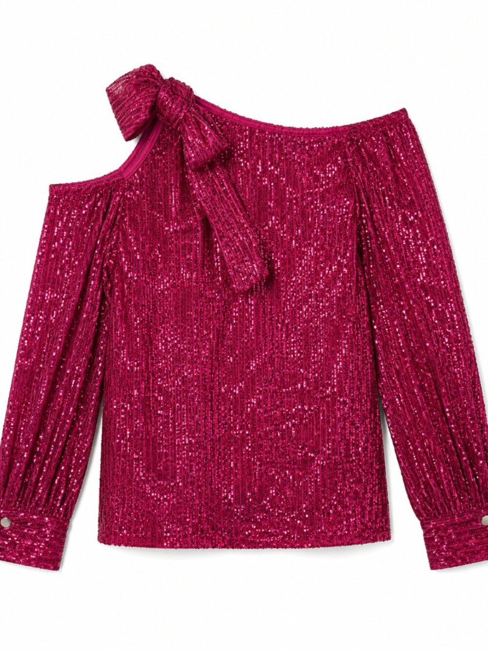 CeCe Fuchsia Sequin Bow One-Shoulder Cold-Shoulder Top Size M